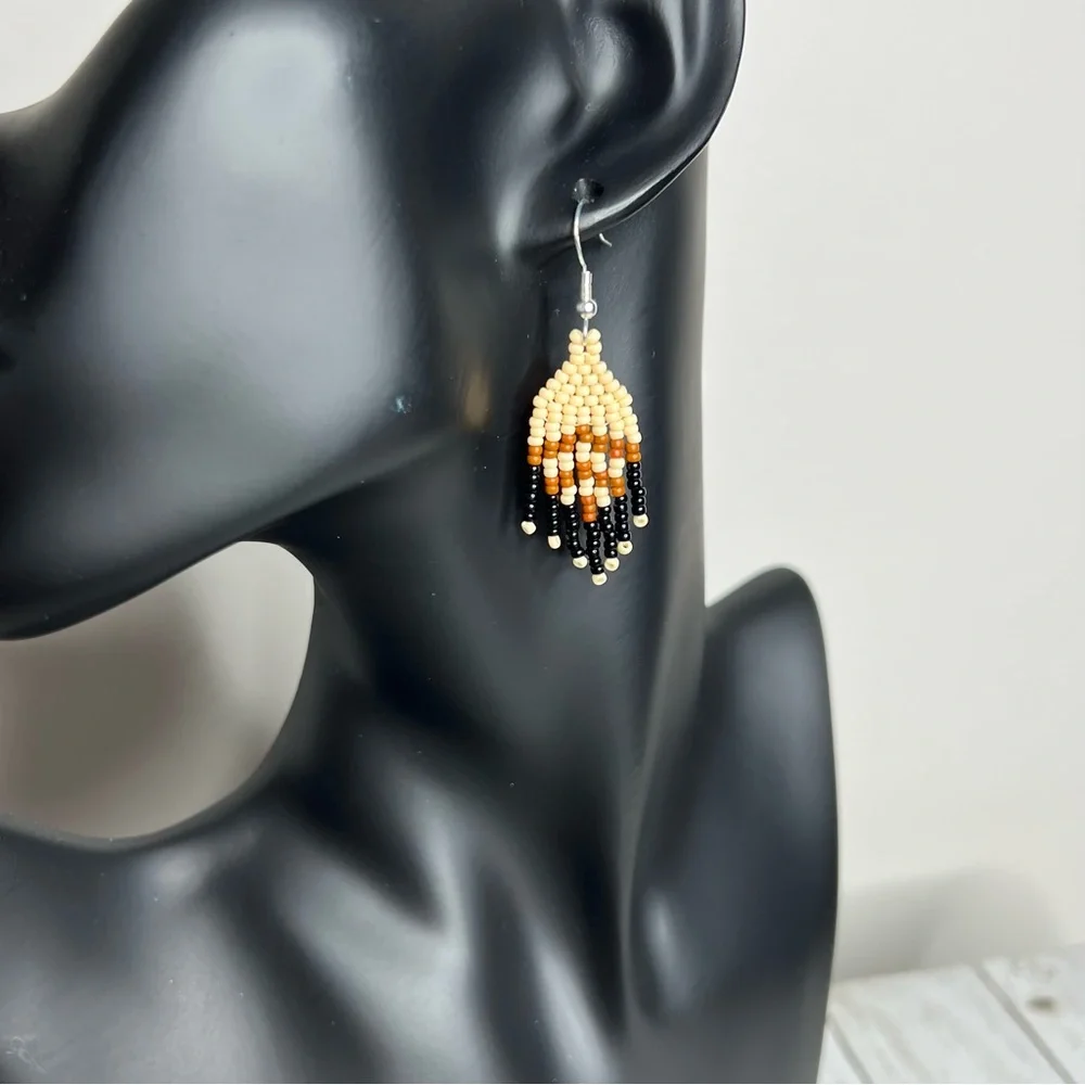 Mini Seed‎ Beaded Earrings 2 inches Long Handmade Jewelry Neutral Color Earrings